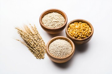 Poster - Various grains including oats, rice, and corn are elegantly arranged in wooden bowls against a clean white backdrop, creating a fresh look. Generative AI