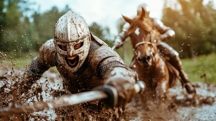 A determined knight charges forward through mud, sword raised high, in an intense scene that captures the essence of medieval warfare and valor in battle.