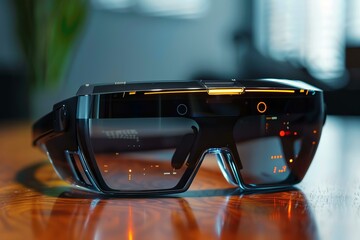 Poster - Pair of futuristic augmented reality glasses sitting on a desk displaying data