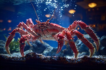 magnificent king crab resting at the bottom of a large, well-lit restaurant aquarium