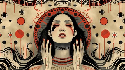 Poster - surreal portrait woman with eyes closed, adorned with halo-like circle 2d illustration. cultural art