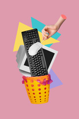 Poster - Vertical poster collage computer equipment digital devices mouse keyboard rubbish bin trash hand 3d body fragment monitor