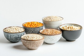 Fototapete - Six elegant bowls display a variety of grains such as oats, rice, and corn on a clean, white surface, highlighting their textures. Generative AI