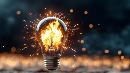 Fototapete - A glowing light bulb emits intense flames surrounded by a maze filled with crackling sparks all against a dark smoky background creating a dynamic and energetic abstract composition
