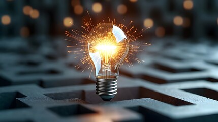 Poster - A bright light bulb engulfed in intense flames surrounded by a complex labyrinth with flickering sparks illuminating the dark winding pathways