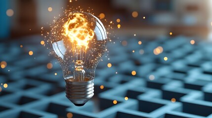 Aufkleber - Fiery light bulb emitting radiant flames suspended over a detailed maze filled with glowing sparkles and luminous accents creating a dynamic and energetic visual scene