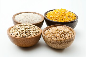 Poster - Various grains like oats, rice, and corn are displayed in elegant bowls against a clean white background, highlighting their textures. Generative AI