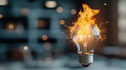 Fototapete - A light bulb consumed by flames suspended within a complex labyrinthine structure with flickers of sparks lighting each captivating corner of this surreal and visionary digital artwork