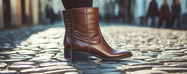 A stylish brown ankle boot rests on a cobblestone street, highlighting its design and texture in a warm, inviting atmosphere.