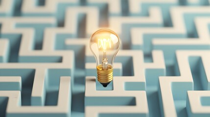 Aufkleber - Close up view of a bright sparking lightbulb serving as the exit from an intricate maze like pattern set against a backdrop of blue and white tones