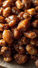 Crunchy caramelized nuts glistening with sweet glaze, perfect for snacking. Their rich texture and flavor make them irresistible treat for any occasion