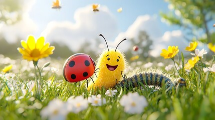 Poster - Cheerful cartoon of a collection of adorable insect characters including a butterfly ladybug bee and caterpillar on a lush spring meadow with colorful flora