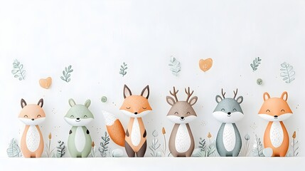 Poster - Whimsical and Charming of a Group of Forest Animal Cartoon Characters Including a Fox Bear Squirrel and Deer Surrounded by a Cozy Nature Scene with Trees and a Warm Friendly Atmosphere