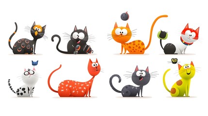 Poster - Whimsical collection of funny cartoon cats with various colors patterns and playful poses each featuring unique and imaginative accessories