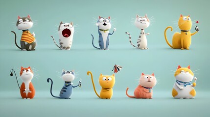 Poster - A collection of fun and colorful cartoon cats each with unique patterns and designs captured in a variety of playful and mischievous poses alongside various accessories and accents