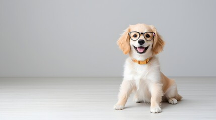 Friendly and dog with a wide cheerful smile sporting a pair of colorful funky glasses in a playful and vibrant mood