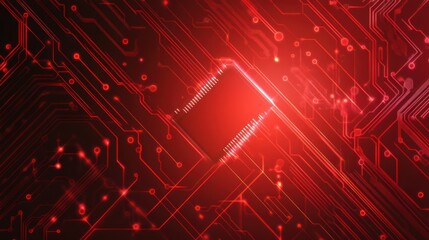 Aufkleber - Circuit connected lines on technology red background. Circuit board. Ai Tech bg. Semiconductor or CPU processor in the center. Computing electronics concept. Abstract digital vector illustration.