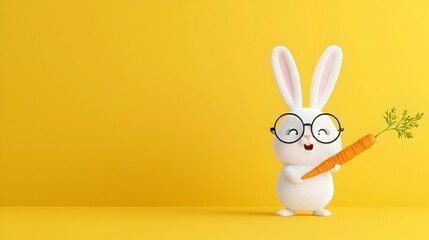 Poster - Adorable cartoon rabbit character with round glasses holding a carrot in a cheerful playful stance against a warm colorful background  Whimsical fun digital perfect for children s books