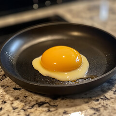 smooth egg just poured into frying pan, showcasing its vibrant yellow yolk and clear egg white on granite countertop