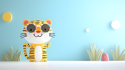 Poster - Cheerful and Vibrant Cartoon Tiger Character Wearing Funky Sunglasses in a Bright and Colorful Tropical Setting