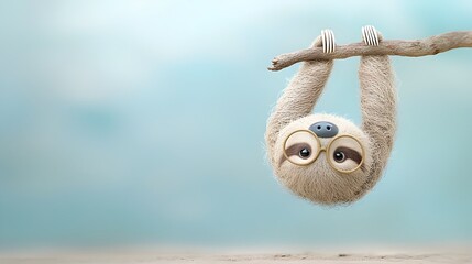 Poster - Adorable of a Cartoon Sloth Wearing Round Glasses and Hanging Upside Down Relaxed from a Lush Green Tree Branch in a Tropical Forest Setting