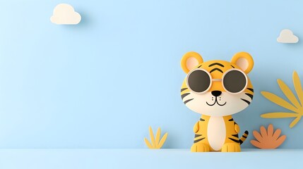 Poster - Cheerful and Playful Cartoon Tiger Character Wearing Funky Sunglasses in a Vibrant Tropical Background with Bright and Vivid Colors