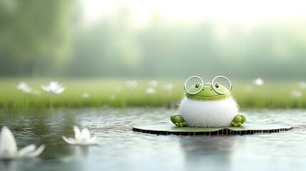 Aufkleber - Whimsical of a Cartoon Frog with Round Glasses Sitting Peacefully on a Lily Pad in a Tranquil Pond Surrounded by Lush Greenery and Reflecting Water