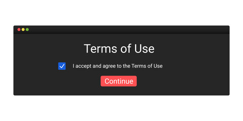 Poster - agree to terms of use. pop-up window with license policy notification. digital agreement on screen.