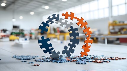 Aufkleber - Interconnected puzzle gear pieces in dynamic motion symbolizing the concept of creative problem solving in business industry and technology  The image represents innovation strategy