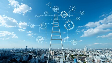 Fototapete - Ladder Reaching Skyward with Symbols of Progress and New Possibilities Depicting the for Growth Innovation and Achieving Lofty Goals