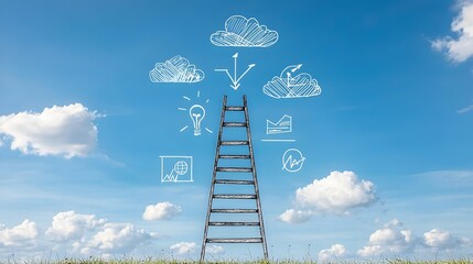Fototapete - Ladder reaching into the sky symbolizing progress opportunity and innovative solutions  The image conveys a concept of growth achievement and the pursuit of new possibilities
