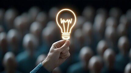 Fototapete - hand lifting glowing idea icon from crowd representing breakthrough and uniqueness concept of innova