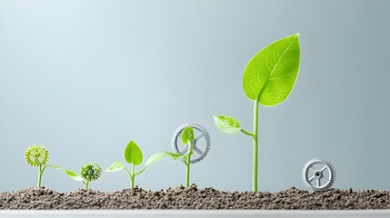 Aufkleber - Growing plant with mechanical gears as leaves symbolizing the concept of growth and development through creative problem solving and innovative thinking