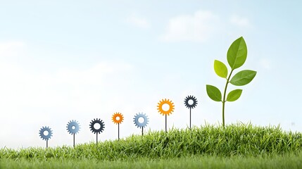 Aufkleber - A conceptual image depicting a growing plant with gears as its leaves symbolizing the idea of growth and progress through creative problem solving and the of technology and nature