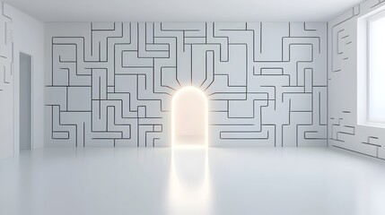 Aufkleber - Glowing Exit Shining Through an Intricate Abstract Maze Representing the Discovery of Clear Solutions to Complex Problems and Challenges  A Conceptual Metaphor for Innovative Thinking