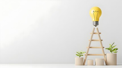 Aufkleber - Ladder Ascending to Illuminating Light Bulb Symbolizing Innovative Idea and Growth  Conceptual image of a ladder leading up to a bright light bulb representing the journey towards achieving new ideas