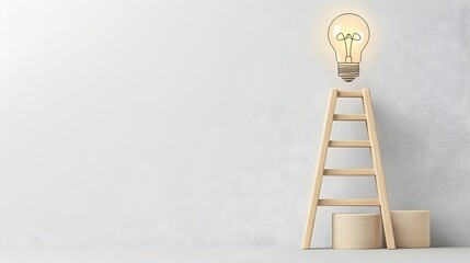 Fototapete - Ladder leading up to a bright light bulb at the top representing the journey of pursuing innovative ideas and reaching new levels of creativity and problem solving
