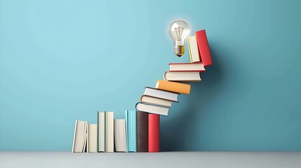 Aufkleber - A spiraling stack of books leading up to a glowing light bulb symbolizing the power of knowledge and education to drive innovative solutions and breakthroughs