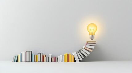 Fototapete - A spiral staircase formed by stacks of books leading up to a glowing light bulb symbolizing the transformative power of knowledge and the innovative solutions it can inspire