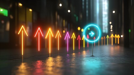 Fototapete - Convergent Path of Glowing Arrows Representing Focused Solutions and a Clear Direction Towards a Specific Goal or Objective