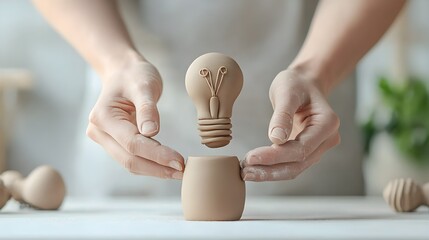 Poster - Crafting Creative Ideas Hands Shaping a Light Bulb from Clay Representing the Process of Innovation Invention and Bringing Ideas to Life