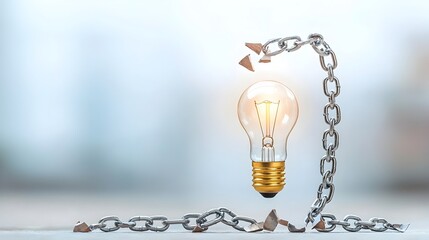 Fototapete - Conceptual image of a light bulb rising from broken chains symbolizing the power of creativity and innovation to liberate one s potential and achieve success
