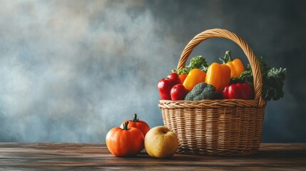 Aufkleber - Fresh vegetables and fruits fill a wicker basket, resting on a rustic wooden table amid a softly blurred background, creating a vibrant display. Generative AI