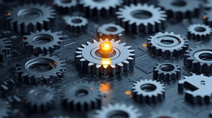 Aufkleber - A single gear within a group of interconnected metallic cogs and gears glowing brightly representing a key or pivotal concept or idea among a larger complex industrial or technological system