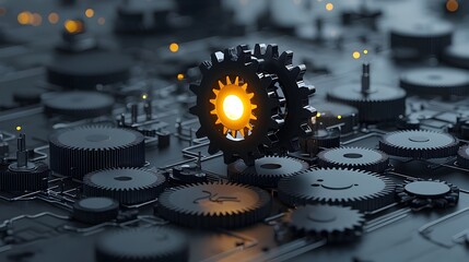 Aufkleber - A brain composed of interconnected gears with one gear glowing representing the innovative and creative thinking process that leads to breakthrough ideas and solutions