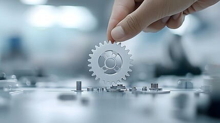 Aufkleber - Hand Lifting Gear to Complete Mechanism Symbolizing Problem Solving and Finding Solutions for Industrial or Business Challenges