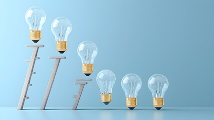 Leinwandbilder - Ladder of Illuminated Bulbs Reaching Upward Symbolizing the Progression and Growth of Ideas Innovation and Creativity  Minimalist White Studio Backdrop with Copy Space
