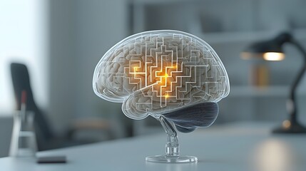 Poster - Glowing solution path winding through an intricate maze like pattern inside a stylized brain representing the process of innovative thinking problem solving and discovery of new ideas