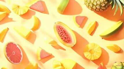 Poster - Sliced tropical fruits such as pineapples and mangoes are displayed on a brightly colored backdrop, creating a vibrant visual feast. Generative AI