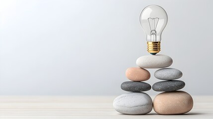 Fototapete - Illuminating Balance A Lightbulb Perched Atop a Stack of Stones Representing the Harmony and Clarity Found in Innovative Solutions